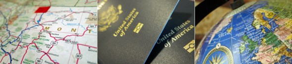 Tools of the trade: Old school road tripping with an actual map; freshly-minted passports ready for the next 10 years of action; and a sneak preview of  our fall travels.