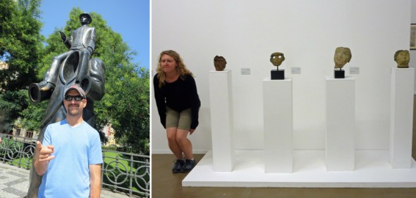 L: Me transformed into Kafka on Dusni Street in Prague (2012); R: J as part of an installation at Musee d'Art Moderne in Paris (2011)