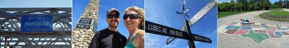 Reaching State #48-North Dakota (L to R): Crossing the Red River; taking in the, um, sights...at the Geographic Center of North America; and "planking" across my final three states.