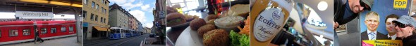 L to R: Riding the rails into Wurzburg; street scene on our way to Kult; tasty vegL to R:gie finds; Bavarian beer; posing with the locals (it's election season here...)