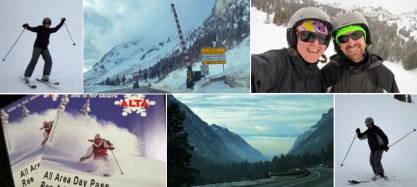 Alta adventures, clockwise from top left: J on the slopes; passing through avalanche gates; summit selfie; M sliding to a stop; cool cloud inversion in the canyon; and handy RFID lift tickets.