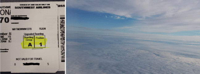 My boarding pass, and the Midwestern sky the day of my travels.